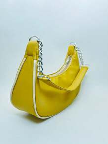 WOMEN'S HALF MOON SHOULDER BAG IN SUMMER COLORS WITH CHAIN STRAP DETAIL - 芥末黃 - 查看 2
