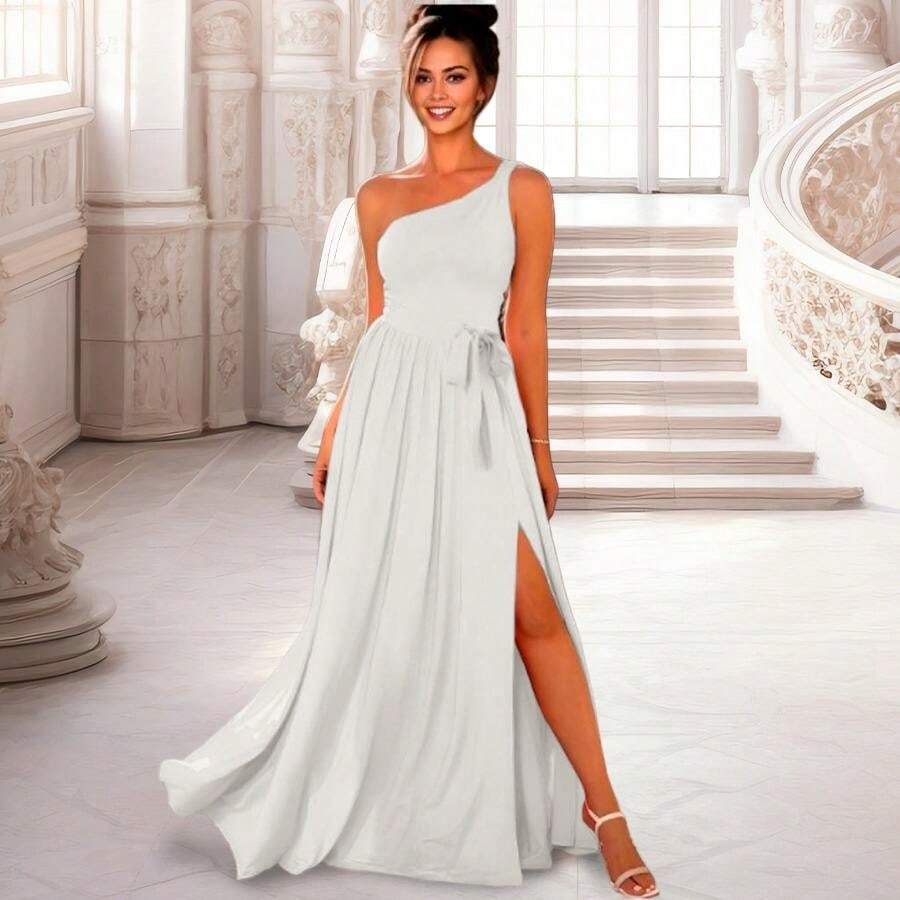Vestido Largo con Abertura en la Pierna Elegante para Dama - Blanco - Ver 1