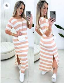 Striped Long Dress With Short Sleeves And Side Slit - Màu Hồng  San hô - Xem 2