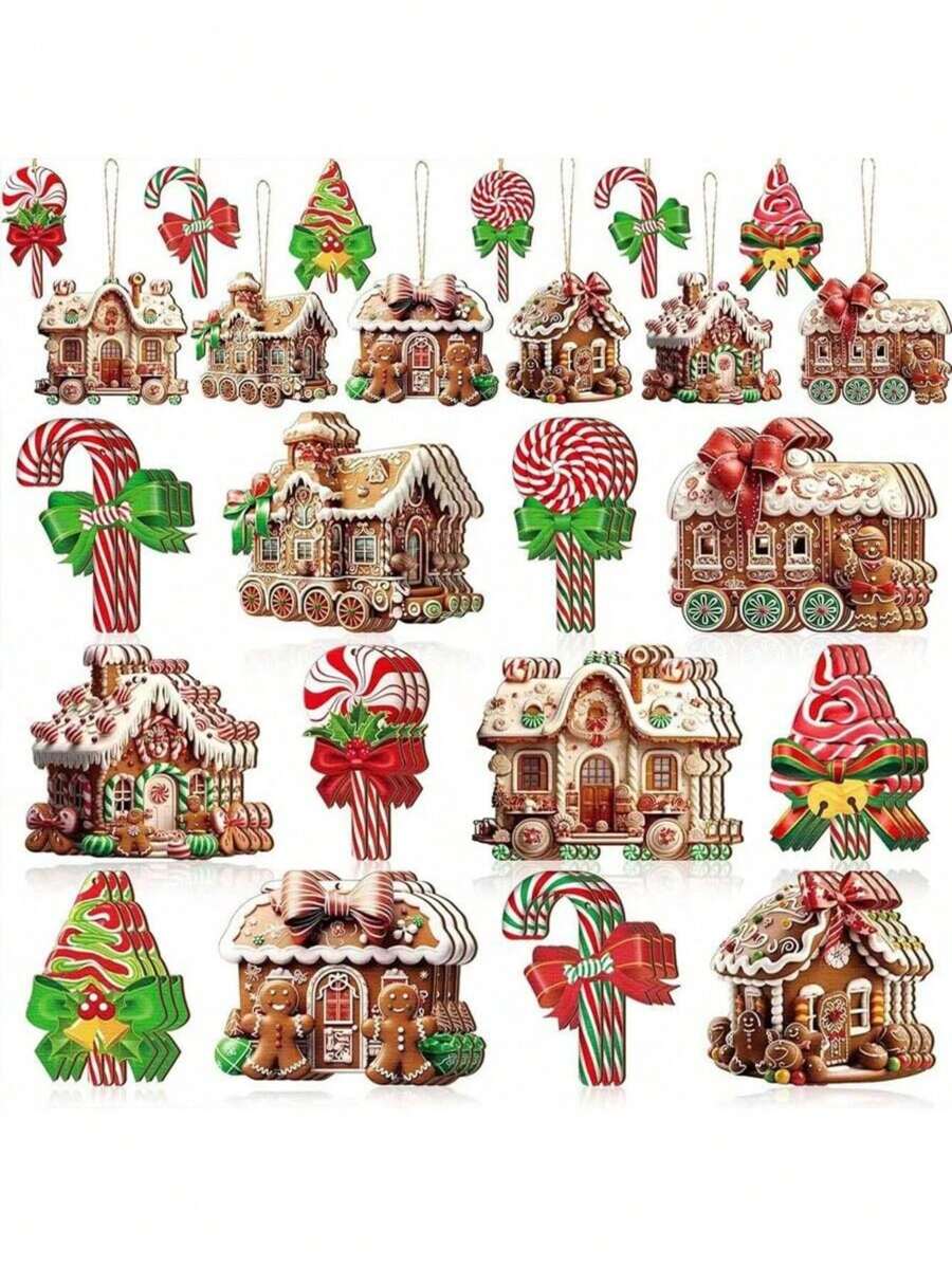 Bộ 24 đồ trang trí nhà kẹo Giáng sinh, kẹo Giáng sinh tròn hình ngôi nhà bánh gừng hình tàu hỏa hình bánh rán, đồ trang trí treo cây thông Noel bằng gỗ, đồ trang trí phòng ngày lễ và bệ cửa sổ, quà tặng tốt nhất cho tiệc Giáng sinh - Nhiều màu - Xem 1