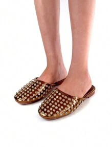 Women Diamond Decorated Vintage Bronze Metal Textured Square Toe Slide Flats, Casual & Party Wear - Bronze - View 6