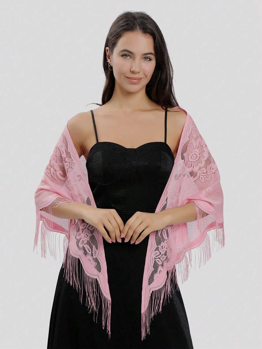 1 chiếc khăn choàng tam giác ren hoa dành cho nữ, khăn choàng tua rua cho phù dâu, khăn choàng thời trang dự tiệc tối đa năng - Hồng - Xem 1
