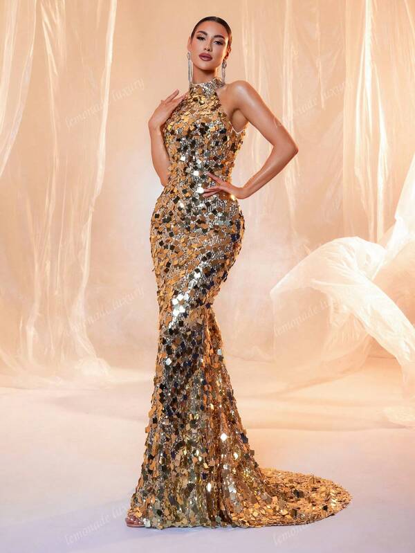 Gold Sequin Backless Maxi Evening Dress With Halter Neck, Elegant Formal Prom Gown, For Wedding Guest, Graduation, Dinner Party Dress