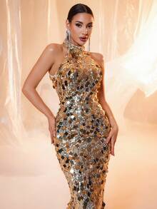 Elisanya Robe de soirée longue dos nu avec sequins dorés et col montant, robe de soirée élégante et formelle, pour invités de mariage, remise de diplôme, dîner