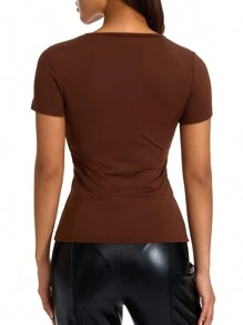 Women Fashion Wild T-Shirts Solid Color Round Neck Long Sleeve Bottoming Shirts Spring Autumn Slim Fit Streetwear - Brown - View 2