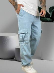 Men's Cargo Pants Baggy Balloon Jeans Straight Cut - 淺色水洗藍 - 查看 3
