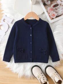 Girls & Baby Girls Solid Color Bow Round Neck Cardigan, Cute For Casual Vacation, Suitable For Spring, Autumn And Winter - Navy Blue - View 1