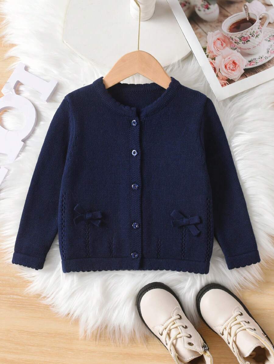 Girls & Baby Girls Solid Color Bow Round Neck Cardigan, Cute For Casual Vacation, Suitable For Spring, Autumn And Winter - Navy Blue - View 1