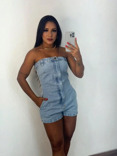 Macaquinho Jeans Feminina