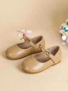 2024新款圆头公主鞋浅口一脚蹬蝴蝶结设计一脚蹬儿童小皮鞋幼儿软底防滑舞鞋 - 卡其色 - 查看 1