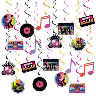 9 peças de pingentes de decoração em espiral com notas musicais para festa disco