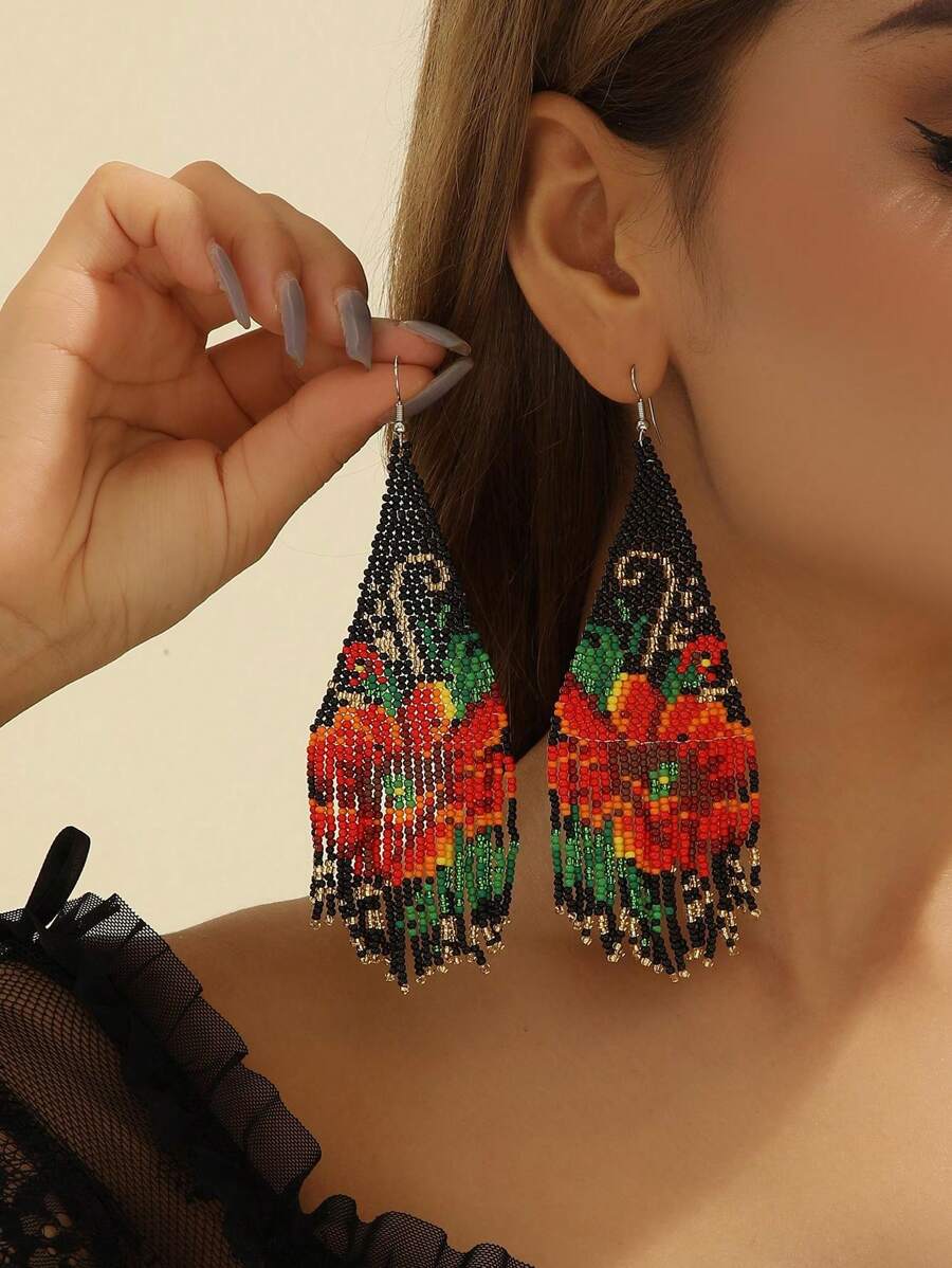 SOUL BEADING 一对女士时尚串珠耳环，复古波西米亚风格，多色迷人串珠，花卉图案，长流苏设计，手工编织串珠优雅饰品，百搭日常佩戴，适合作为礼物送给亲朋好友 - 手工串珠流蘇 - 查看 1