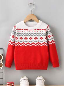 Young Boy Argyle Knitted Pullover Sweater, School Style, Suitable For Spring, Autumn & Winter - Red - View 1