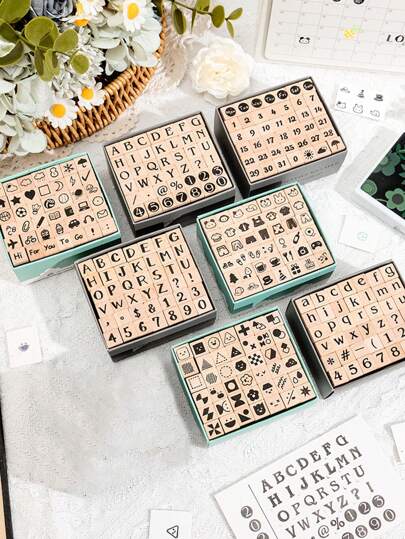 42pcs/Box, Simple Numbers, Geometric Patterns, Wooden Seals, Weather Patterns And Other Styles Of Optional Wooden Handicrafts, Used For Diary Content Decoration Greeting Cards And Card Making, Handbook Decoration Gifts For Friends,Back To School,School Supplies