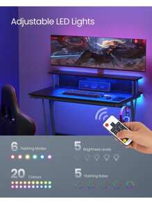 VASAGLE Gaming Desk With LED Lights And Built-In Power Outlets, Computer Desk With Monitor Shelf, Gaming Table For 2 Monitors, Office Desk, For Bedroom, Ebony Black - Black - View 2