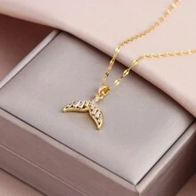 1 件 18K 镀金闪亮锆石嵌入式奢华个性鱼尾吊坠项链，时尚钛钢颈链项链女士珠宝 - 金色 - 查看 6