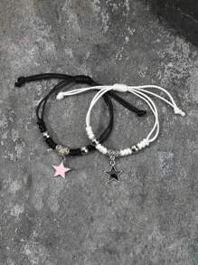 2 件复古摇滚风格星黑色和粉色星黑白手链，男女通用情侣手链，送给好朋友的时尚礼物 - 粉色 - 查看 1