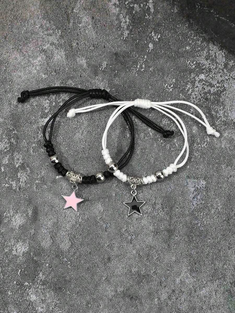 2 件复古摇滚风格星黑色和粉色星黑白手链，男女通用情侣手链，送给好朋友的时尚礼物 - 粉色 - 查看 1