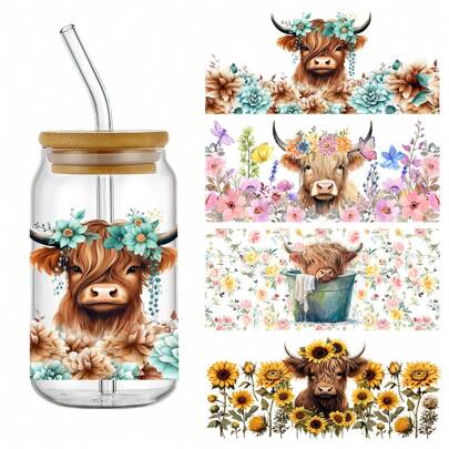 4st Cute Highland Cow UV DTF Cup Dekaler - Libbey Glass 16oz glas vattentäta överföringsdekaler - Fashion DIY Crafting 3D Crystal Etiketter, hållbara reptåliga DIY överföringsdekaler för muggar, iskaffekoppar, vattenflaskor, möbler, bärbara datorer - högkvalitativ 24cm plast, 11x /4,3x9,4tum