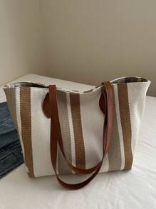 休闲条纹格子手提包，容量大，可折叠，适合度假、节日、购物、休闲外出 - 棕色 - 查看 11