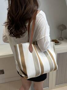 休闲条纹格子手提包，容量大，可折叠，适合度假、节日、购物、休闲外出 - 棕色 - 查看 4