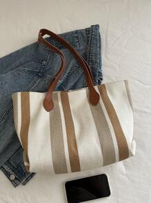 休闲条纹格子手提包，容量大，可折叠，适合度假、节日、购物、休闲外出 - 棕色 - 查看 9