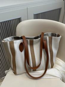 休闲条纹格子手提包，容量大，可折叠，适合度假、节日、购物、休闲外出 - 棕色 - 查看 12