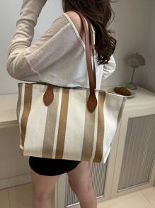 休闲条纹格子手提包，容量大，可折叠，适合度假、节日、购物、休闲外出 - 棕色 - 查看 2