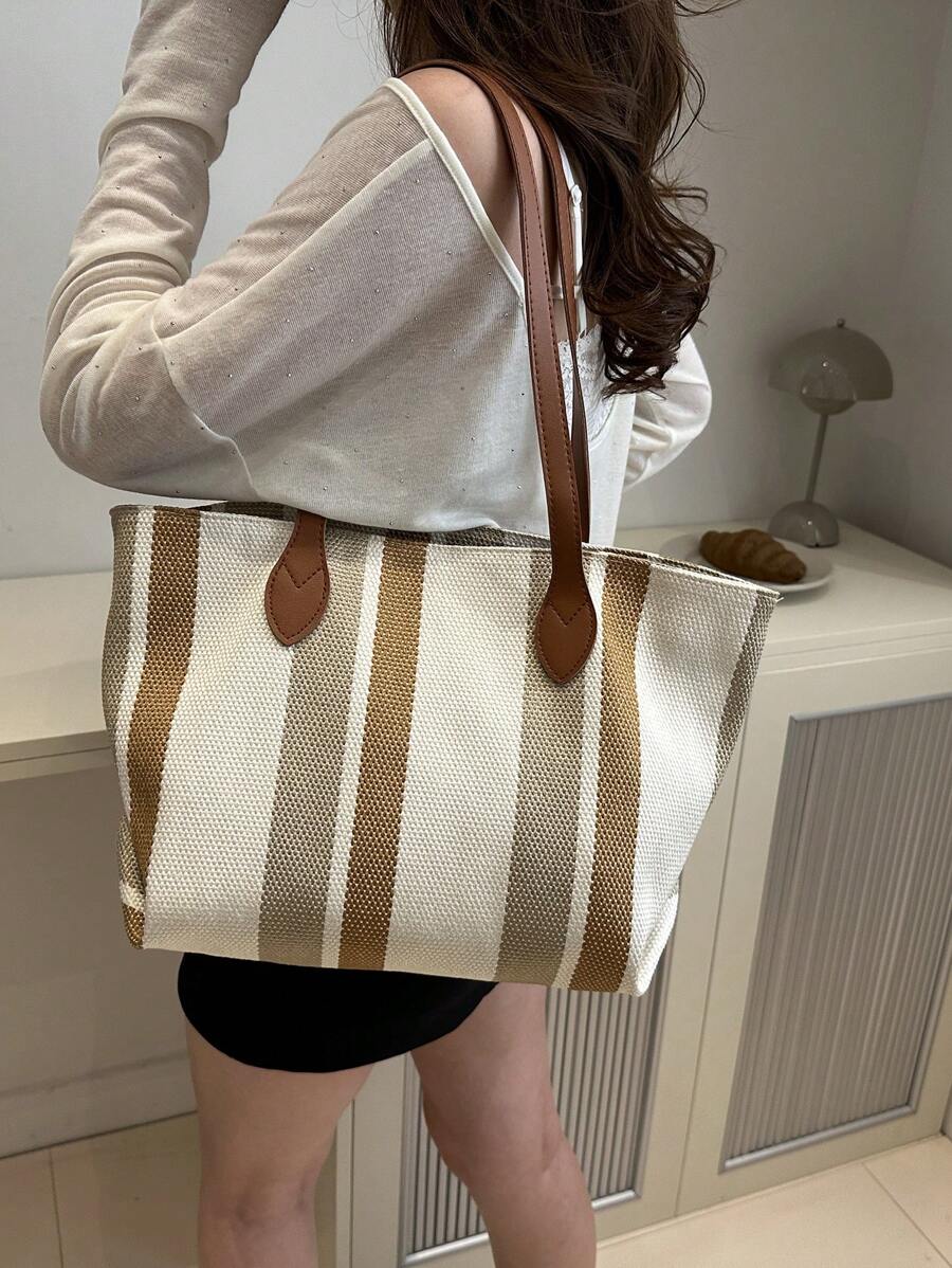休闲条纹格子手提包，容量大，可折叠，适合度假、节日、购物、休闲外出