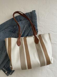 休闲条纹格子手提包，容量大，可折叠，适合度假、节日、购物、休闲外出 - 棕色 - 查看 8