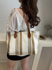 休闲条纹格子手提包，容量大，可折叠，适合度假、节日、购物、休闲外出 - 棕色 - 查看 6