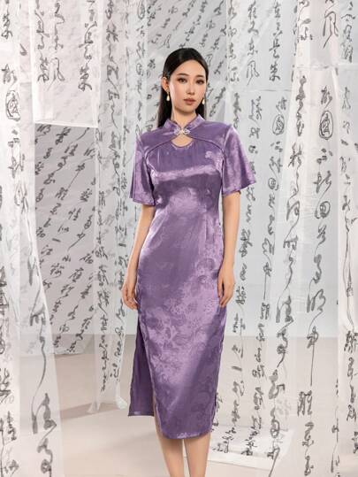 Short Sleeve Jacquard Floral Designs Split Thigh New Chinese Style Cheongsam Qipao Dress