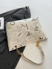 复古链条肩带休闲单肩托特包，简约大容量 - 米色 - 查看 4