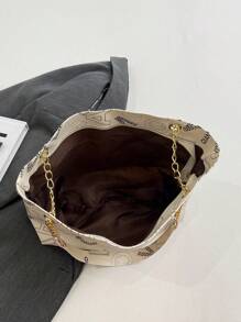 复古链条肩带休闲单肩托特包，简约大容量 - 米色 - 查看 5