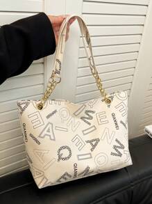 复古链条肩带休闲单肩托特包，简约大容量 - 米色 - 查看 1
