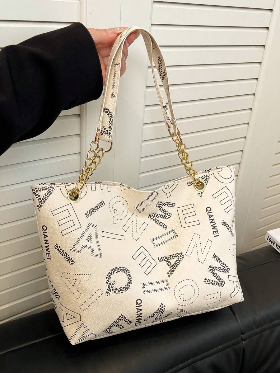 复古链条肩带休闲单肩托特包，简约大容量 - 米色 - 查看 1