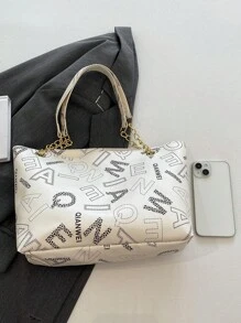 复古链条肩带休闲单肩托特包，简约大容量 - 米色 - 查看 3