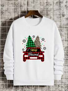 加大码男士秋冬标语圣诞树印花圆领长袖休闲卫衣 - 白色 - 查看 2