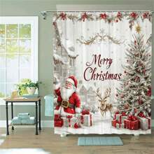 充满活力的圣诞浴帘 - 防水、可机洗、涤纶混纺，配有 12 个挂钩、圣诞老人和驯鹿图案艺术设计，适用于家庭和酒店装饰，易于护理、防锈且耐用 - 酒紅色 - 查看 4