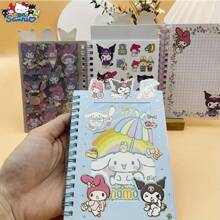 Sanrio Freunde Aufkleber und Notizbuch Set, Cartoon Kunst, Klebend, Glitzernd, Wiederverwendbar, Anime Thema, Mehrere Farben, Tagebuch, Handgefertigt, Geeignet für Geburtstag und Festdekoration, (Zufälliger Einer)