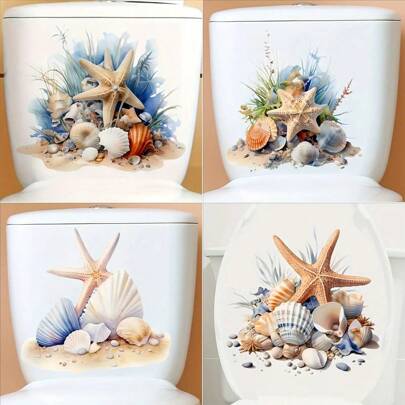 1pc Beach Toilet Sticker, Starfish Shell Toilet Seat Sticker, For Bathroom Decor, Easy To Attach To Plastic Toilet Seat, - Marine Themed Home Decor Sticker, Stickers, Wall Decal, Vinyl Decal For Home Decorations, Spring Decoration Items Refresh Your Home, Festival Decoration Stickers Gifts Birthday Graduation