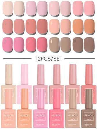 12件套凝胶指甲油套装，秋季闪亮效果，半永久亮片指甲油套装，可卸UV指甲油，美甲美甲设计，纯色，一瓶15毫升