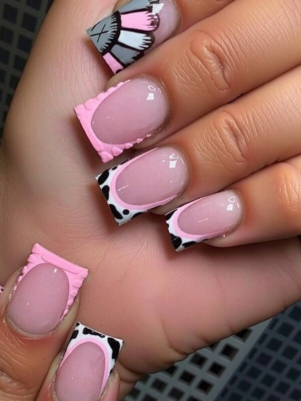 Instantly Upgrade Your Look With 24pcs Short Square Press On Nails Set Simple Elegant Pink French Style Sunflower Fake Nails Cute Cow Black And White Colour Matching French Style Fake Nails Full Coverage Fake Nail Tips For Women And Girls Includes 1 Sheet Adhesive Tabs & 1 Pc Mini File Strip Jelly Gel Random Shipment