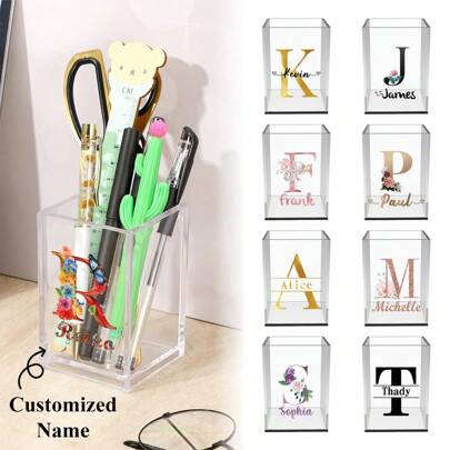 Customized Name Acrylic Pen Holder Lightweight Stationery Holders Pencil Cup Multifunctional Desk Organizer For Pens Scissors Makeup Brushes Storage Easy To Clean Space-Saving For Office Home Sturdy,Delicate Romance