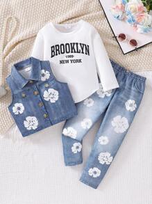 3 件套年轻女孩牛仔效果服装，包括夹克、运动衫和裤子，适合秋季