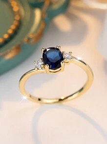1pc Luxury Oval Sapphire Blue Cubic Zirconia Ring, Exquisite For Weddings, Parties, Holidays, Everyday Wear, Durable & Shiny Accessory - Royal Blue - View 4