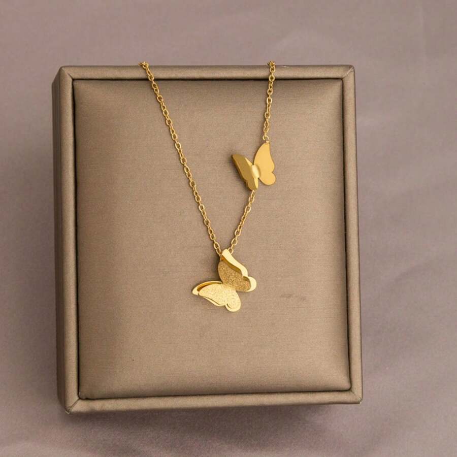 Short Titanium Steel Butterfly Necklace Female Neck Chain Non-Fading Cool Style Ins Temperament Internet Celebrity Simple Accessories - Emas - View 1