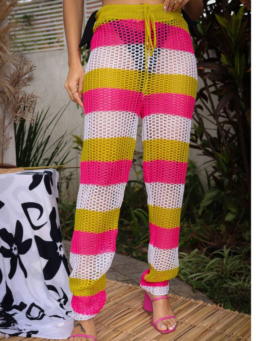 Women's Beach Cover-Up Pants - 黃色配粉紅色 - 查看 1