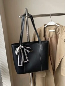 Bolso de mano con bolsillos con cremallera de gran capacidad, de unicolor retro de PU y seda, con decoración de pañuelo para mujer. Nuevo bolso de hombro de gran capacidad para otoño/invierno. Cartera con lazo de moda para mujer. Bolso de trabajo llamativo para mujer.