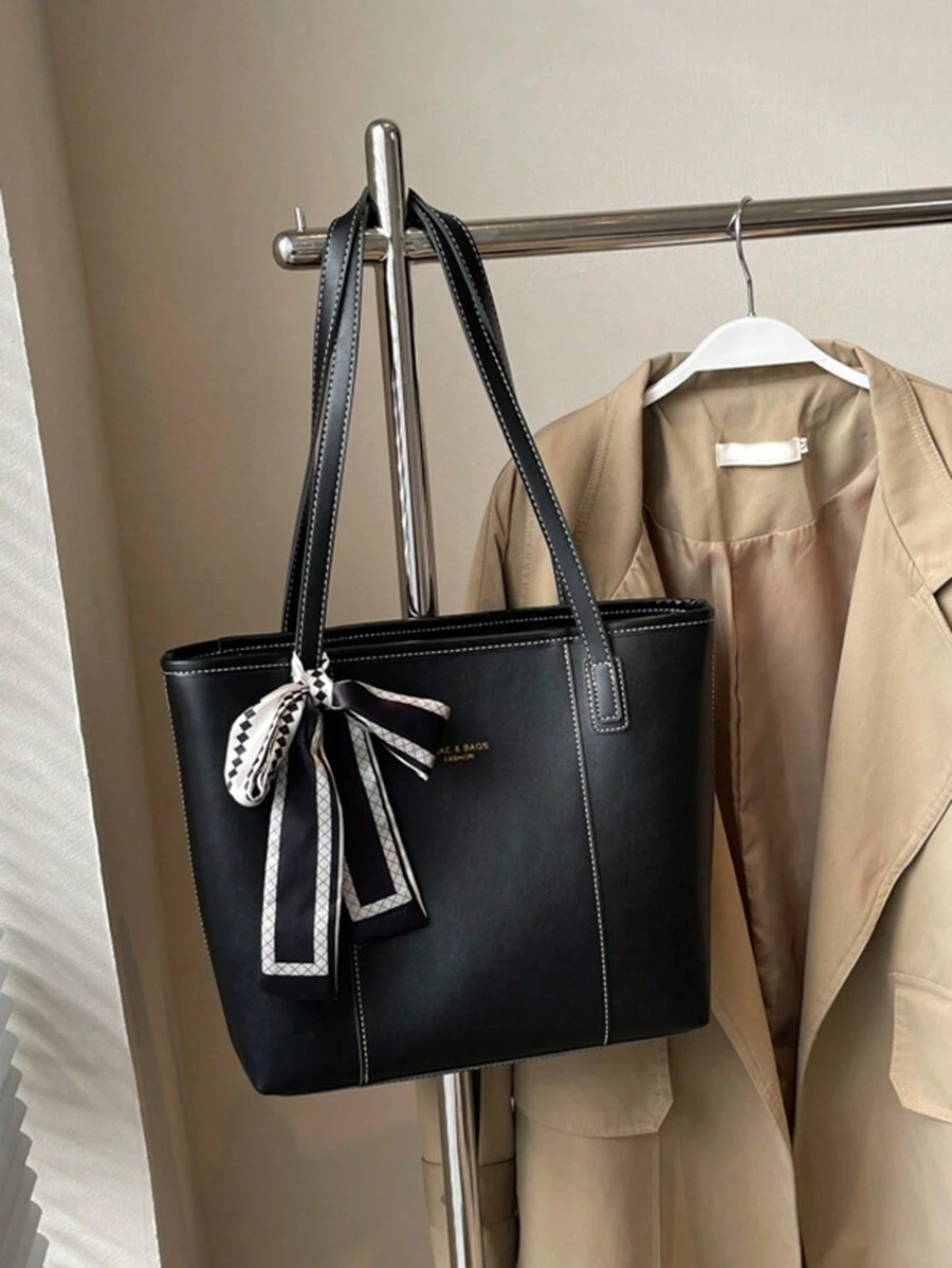 Bolso de mano con bolsillos con cremallera de gran capacidad, de unicolor retro de PU y seda, con decoración de pañuelo para mujer. Nuevo bolso de hombro de gran capacidad para otoño/invierno. Cartera con lazo de moda para mujer. Bolso de trabajo llamativo para mujer.